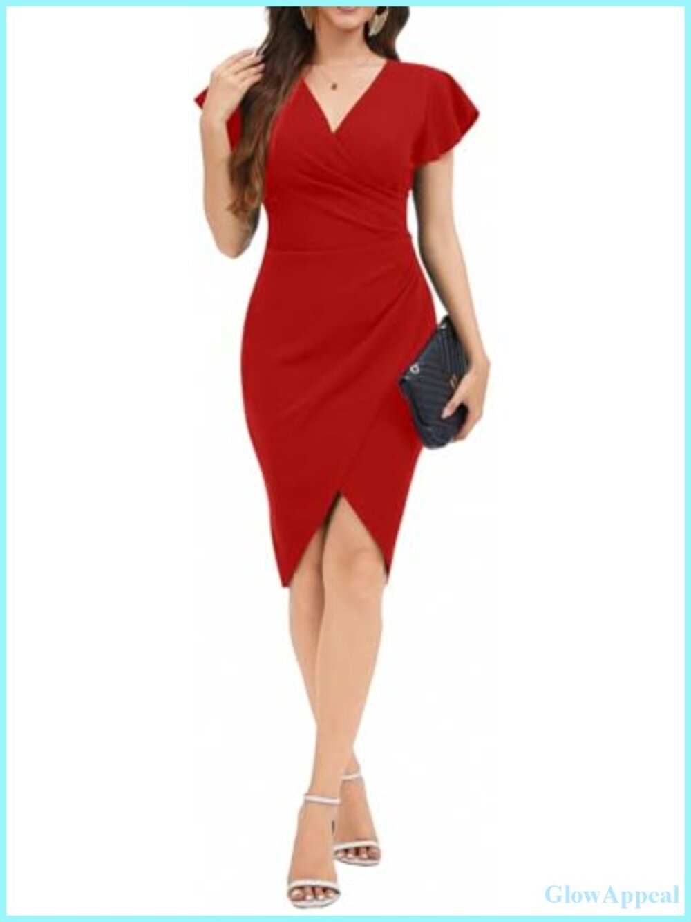 Women's V Neck Ruched Bodycon Puff Short Sleeve Party Dress
